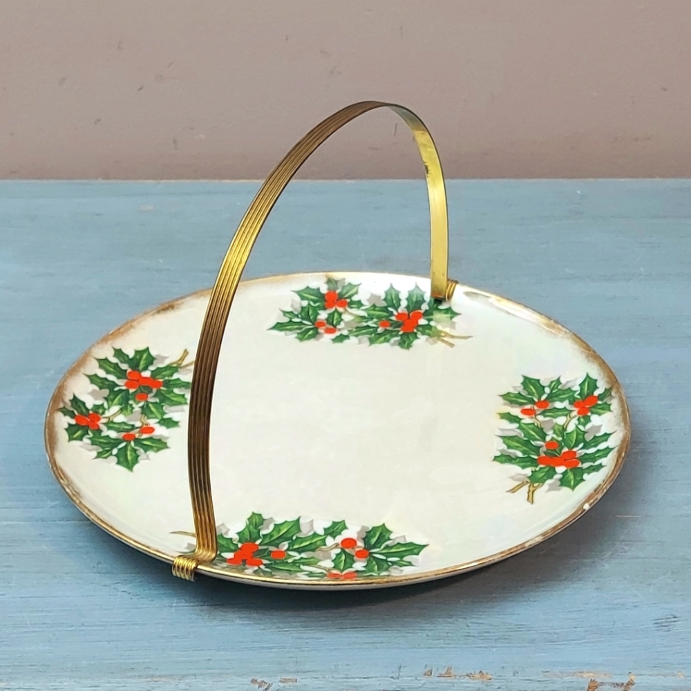 Vintage Lusterwar Christmas Holly Tidbit Plate with Handle